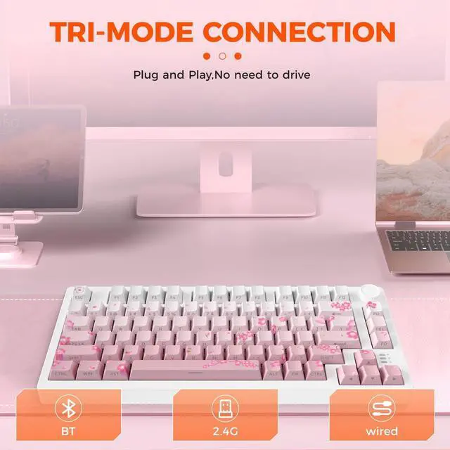 Alt view image 6 of 7 - EK75PRO Sakura Pink Wireless Mechanical Gaming Keyboard,75% Hot Swap Creamy Keyboard with Knob,RGB Backlit,Gasket Custom Structure,Side Printed PBT Keycaps,2.4Ghz/BT5.1/USB-C, for Win/MAC