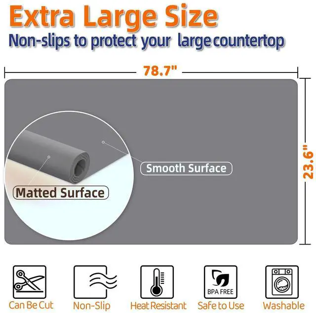 Alt view image 3 of 7 - Silicone Mat,78.7x 23.6 Heat Resistant Mats for Countertop,Extra Large Countertop Protector Mat, Multi-functional Cuttable Kitchen Counter Mat, Silicone Mats for Kitchen Counter/Crafts- Grey