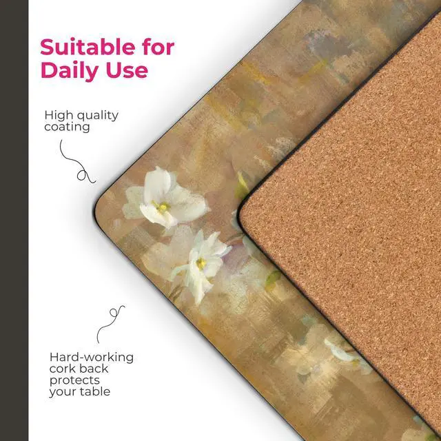 Alt view image 5 of 7 - Exclusive Art Collection Placemats & Coasters Set (15.7" x 11.7") Cork-Backed Boards with Lacquered Finish, Heat & Stain Resistant Table Mats for Dining, Kitchen & Coffee Accessories