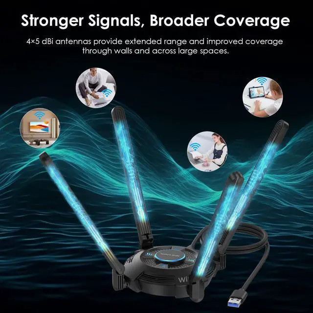 Alt view image 3 of 7 - USB WiFi Adapter for Desktop PC, Tri-Band BE6500 WiFi 7 Adapter with 2.4GHz/5GHz/6GHz High Gain Antennas, WPA3, MLO & Multi-RU, MU-MIMO, OFDMA, 4K-QAM, Supports Windows 11/10 Only