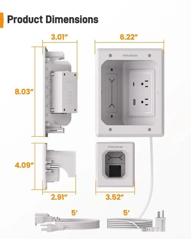 Alt view image 2 of 7 - TV in-Wall Cable Management Kit, USB and Typ C Ports Cord Hider for Wall Mount TV with Recessed Power, Includes Drill Templates, Dust Bags, Drywall Saw, Extension Cable
