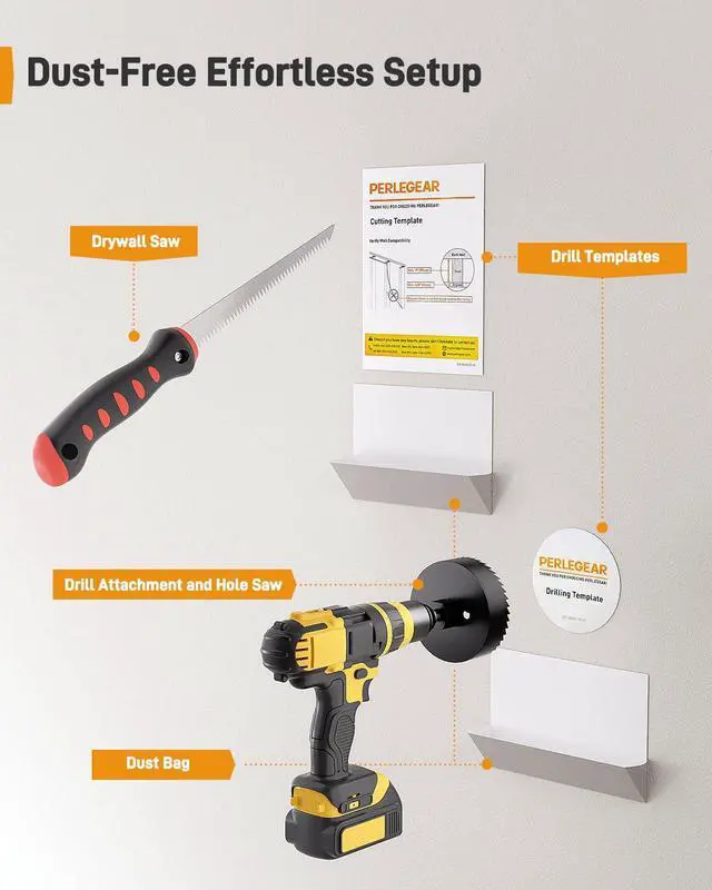 Alt view image 5 of 7 - TV in-Wall Cable Management Kit, USB and Typ C Ports Cord Hider for Wall Mount TV with Recessed Power, Includes Drill Templates, Dust Bags, Drywall Saw, Extension Cable