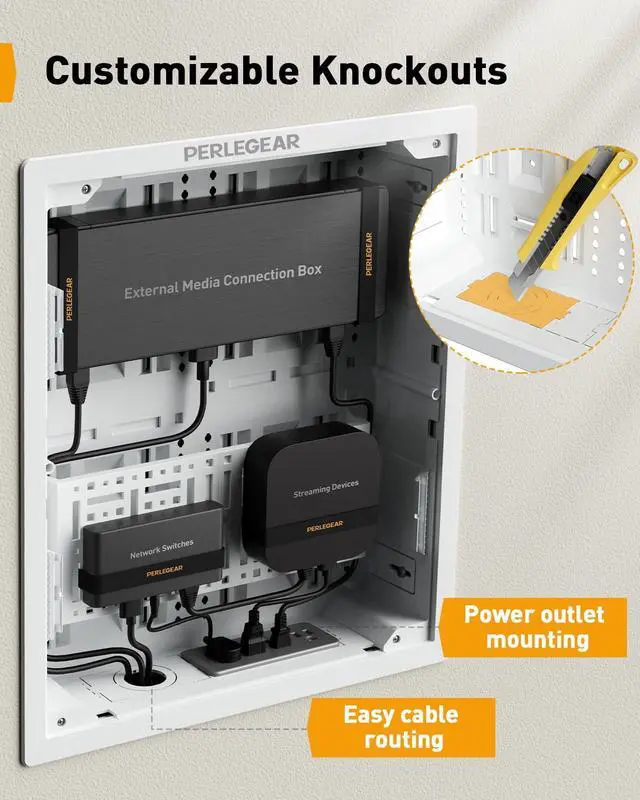 Alt view image 7 of 7 - 17 in-Wall Media Box, Electrical Box, Recessed Outlet Box and Media Enclosure for One Connect Box & Network Switches, Cable Management Kit with Cutting Template, Dust Bag & Drywall Saw