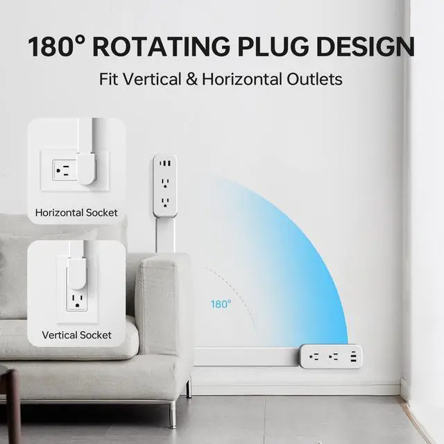 Alt view image 2 of 6 - Electrical Outlet Extender Long Stick with 180° Swivel | Extends 23-35 in for Hard-to-Reach Places | 2 AC Outlets + 3 Ports (USB-C/USB-A) for Bed, Dorm, Office & Sofa