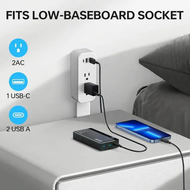 Alt view image 3 of 6 - Electrical Outlet Extender Long Stick with 180° Swivel | Extends 23-35 in for Hard-to-Reach Places | 2 AC Outlets + 3 Ports (USB-C/USB-A) for Bed, Dorm, Office & Sofa