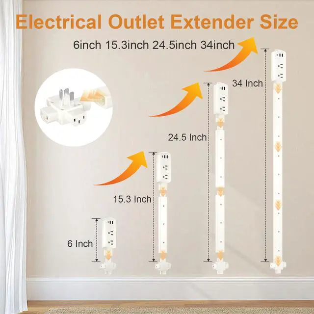 Alt view image 3 of 7 - Electrical Outlet Extender Stick-Extension Cord with 2 USB-A,USB-C and 2 AC Outlet Extender,Power Strips Extendable 6", 15.3", 24.5", 34" for Behind Couches,Bed