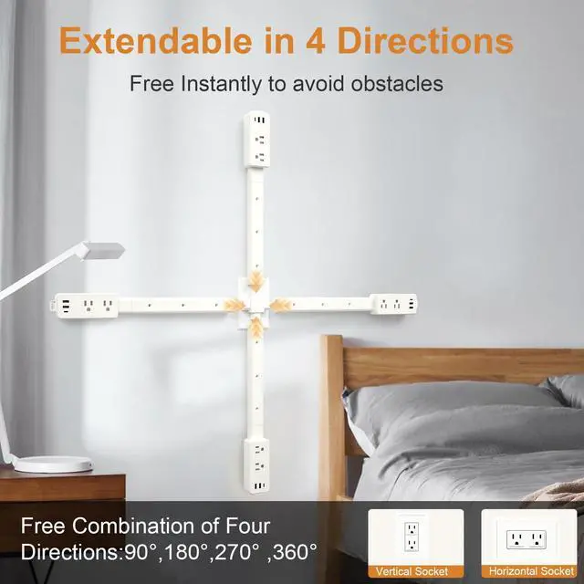 Alt view image 4 of 7 - Electrical Outlet Extender Stick-Extension Cord with 2 USB-A,USB-C and 2 AC Outlet Extender,Power Strips Extendable 6", 15.3", 24.5", 34" for Behind Couches,Bed