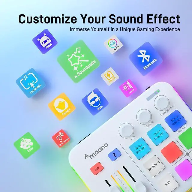 Alt view image 4 of 7 - Gaming Audio Mixer, Audio Interface with Pro-preamp, RGB, Bluetooth, 48V Phantom Power for Live Streaming, Podcasting, Content Create, Gaming Caster G1 NEO (White)