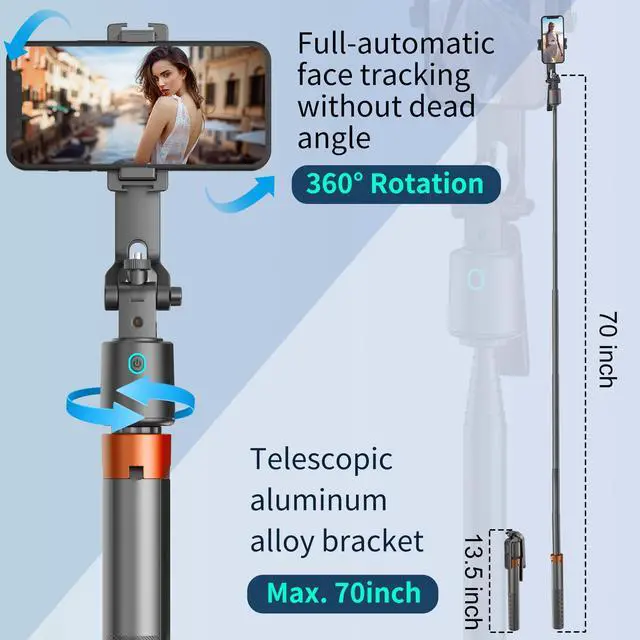 Alt view image 4 of 7 - 70" Auto Face Tracking Phone Tripod 360 Rotation,No App RequiredPhone Tripod for w/Fill Light and Remote Control, Smart Shooting Stand for Vlog/TIK Tok Live Streaming YouTube Video Record