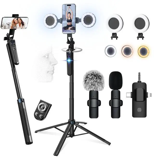 Main image of Vlogging Kit for iPhone/Android, 63Auto Face Tracking Tripod for iPhone with Light, Microphones, Scrolling Remote Control for TikTok, Content Creator Kit for YouTube Starter Live Streaming