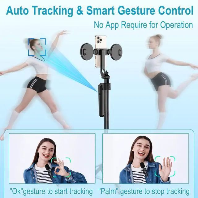 Alt view image 2 of 7 - Vlogging Kit for iPhone/Android, 63Auto Face Tracking Tripod for iPhone with Light, Microphones, Scrolling Remote Control for TikTok, Content Creator Kit for YouTube Starter Live Streaming