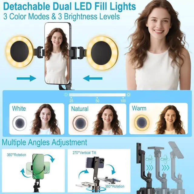 Alt view image 5 of 7 - Vlogging Kit for iPhone/Android, 63Auto Face Tracking Tripod for iPhone with Light, Microphones, Scrolling Remote Control for TikTok, Content Creator Kit for YouTube Starter Live Streaming