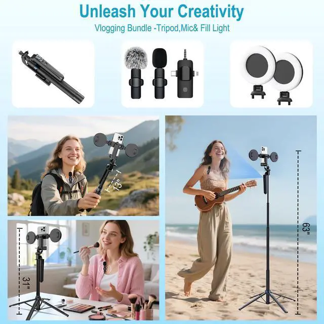Alt view image 7 of 7 - Vlogging Kit for iPhone/Android, 63Auto Face Tracking Tripod for iPhone with Light, Microphones, Scrolling Remote Control for TikTok, Content Creator Kit for YouTube Starter Live Streaming