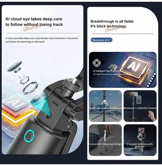 Alt view image 7 of 7 - Auto Face Tracking Phone Holder, 360° Rotation Phone Tripod with Wireless Remote and Phone Holder, Selfie Stick Tripod for iPhoneAndroid Phone, Applied to YouTube, Vlog/TIK Tok