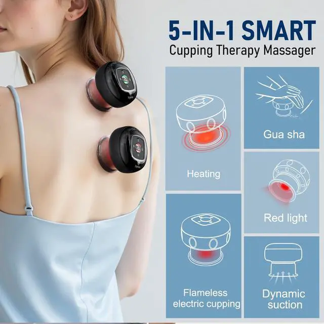 Alt view image 3 of 7 - 5-in-1 Smart Dynamic Cupping Set, 12 Levels Cupping Kit for Massage Therapy with Red Ligh-t Therapy&Heat Penetrates for Targeted Pain Relief, Knots, Aches, Muscle Soreness - 2Pcs(Black&Black)
