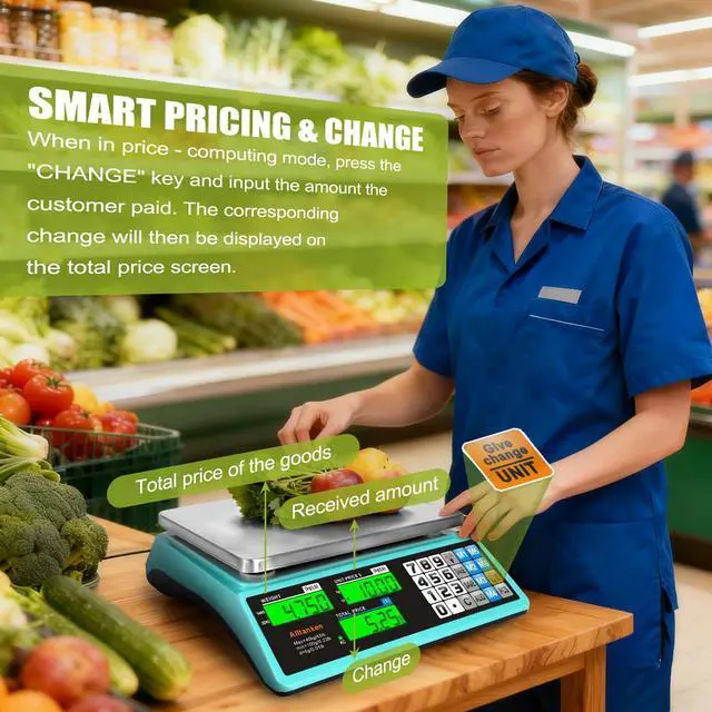 Alt view image 4 of 7 - 88lb/40kg Commercial Food Scale, Digital Price Computing Scale with Counting Feature, Outdoor Market Food Scale Dual LCD for Farmers Markets, Butchers, Retail Stores