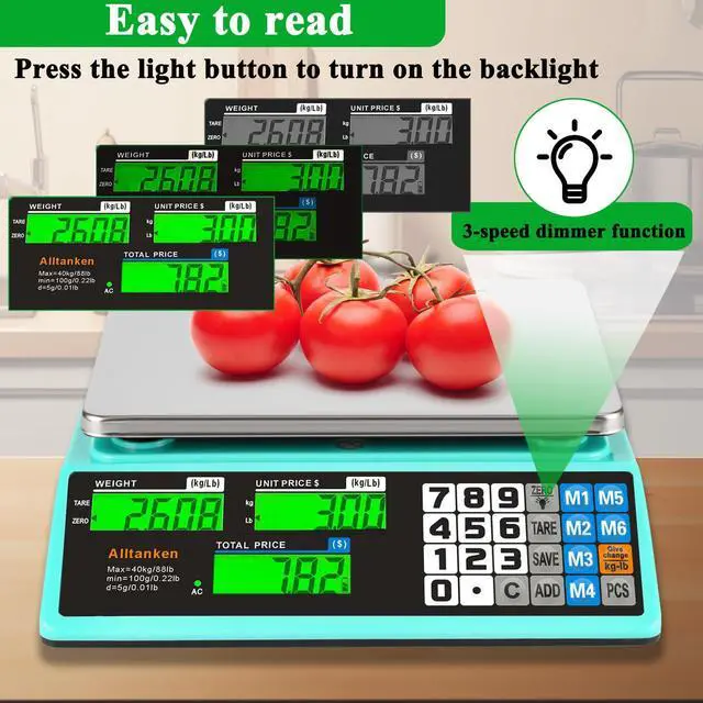 Alt view image 6 of 7 - 88lb/40kg Commercial Food Scale, Digital Price Computing Scale with Counting Feature, Outdoor Market Food Scale Dual LCD for Farmers Markets, Butchers, Retail Stores