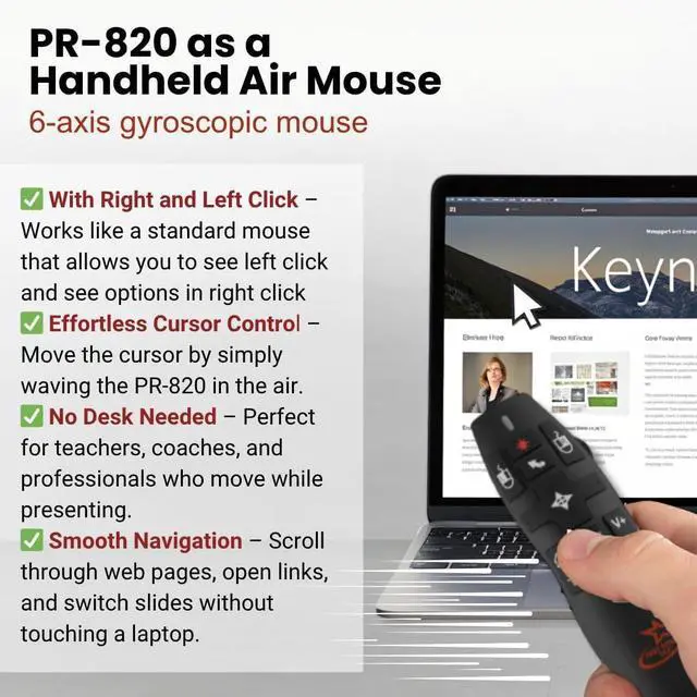 Alt view image 3 of 7 - PR-820 Wireless Presentation Clicker with Laser Pointer, PowerPoint Clicker with Air Mouse, Remote for Slideshows, Google Slides, Keynote & Smartboards, Mac/PC Compatible
