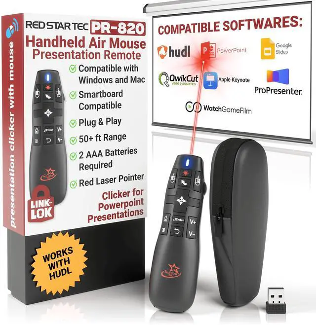 Main image of PR-820 Wireless Presentation Clicker with Laser Pointer, PowerPoint Clicker with Air Mouse, Remote for Slideshows, Google Slides, Keynote & Smartboards, Mac/PC Compatible