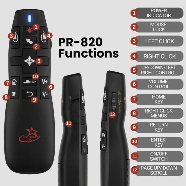 Alt view image 4 of 7 - PR-820 Wireless Presentation Clicker with Laser Pointer, PowerPoint Clicker with Air Mouse, Remote for Slideshows, Google Slides, Keynote & Smartboards, Mac/PC Compatible