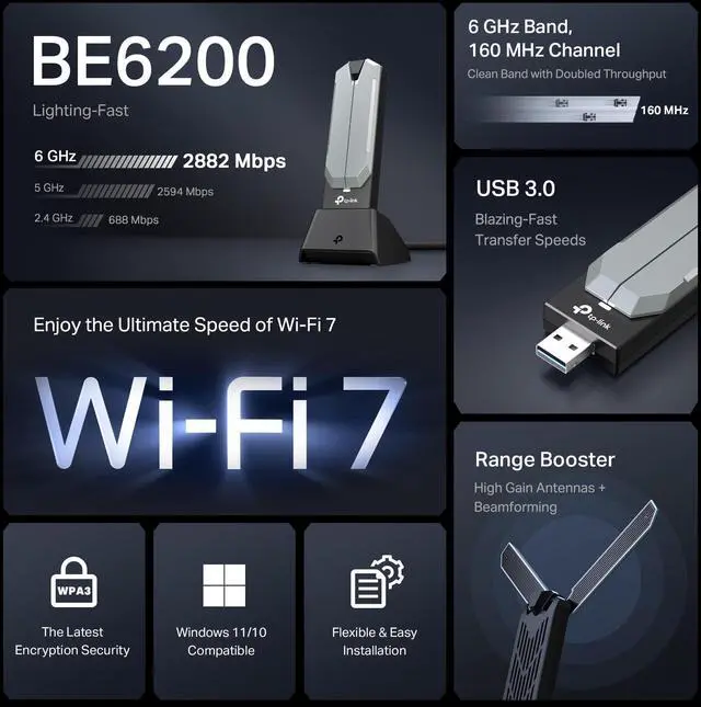 Alt view image 2 of 6 - BE6200 Tri-Band Wi-Fi 7 Wireless USB 3.0 Adapter Archer TBE401UH | WiFi Adapter for Desktop PC | Supports Windows 11,10 | 2 x High Gain Antennas | 6GHz, 4K-QAM, 160MHz, WPA3 | Secure by Design