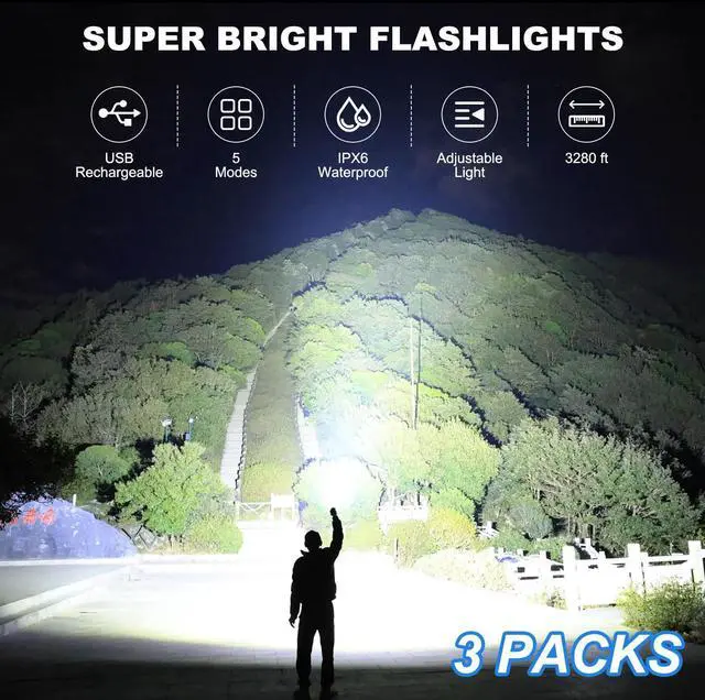 Alt view image 2 of 7 - Rechargeable Led Flashlight High Lumens - 99,000lm Bright Powerful Flash Light with 5 Modes, Waterproof Handheld Linterna for Home, Camping(3 Packs)