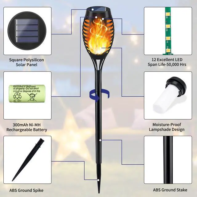 Alt view image 5 of 6 - Solar Torch Light with Flickering Flame, 12Pack Solar Lights Outdoor, Waterproof Outdoor Lights for Yard Garden, Luces Solares para Exteriores, Torches Lighting for Outside Patio Decorations