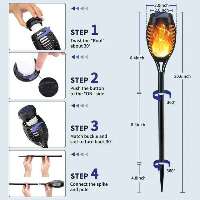 Alt view image 6 of 6 - Solar Torch Light with Flickering Flame, 12Pack Solar Lights Outdoor, Waterproof Outdoor Lights for Yard Garden, Luces Solares para Exteriores, Torches Lighting for Outside Patio Decorations