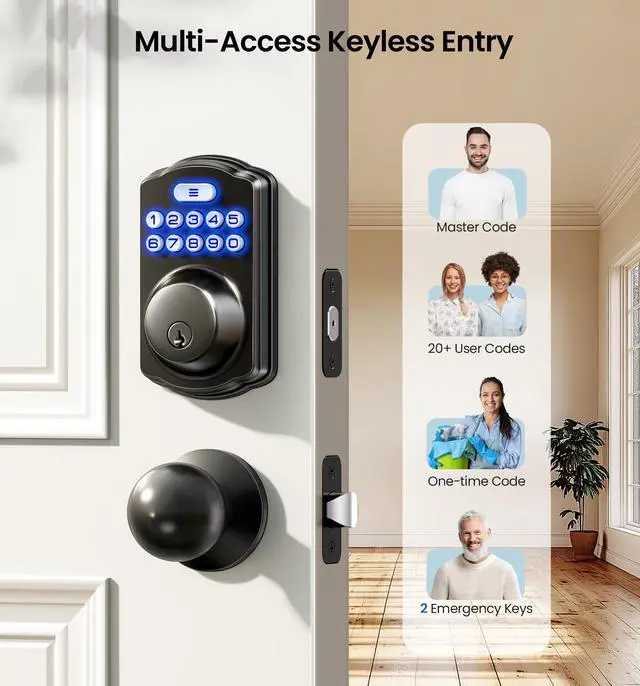 Alt view image 2 of 7 - Keyless Entry Door Lock with 2 Knobs, Electronic Backlit Keypad Deadbolt with Handle Set, Auto Lock, One-time Codes, Smart Deadbolt for Front Door, Easy Installation, Matte Black
