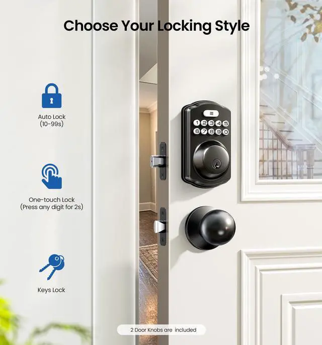 Alt view image 3 of 7 - Keyless Entry Door Lock with 2 Knobs, Electronic Backlit Keypad Deadbolt with Handle Set, Auto Lock, One-time Codes, Smart Deadbolt for Front Door, Easy Installation, Matte Black