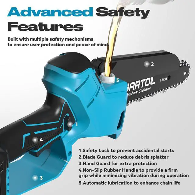 Alt view image 6 of 7 - Mini Chainsaw 8 & 6 Compatible with Makita 18V Batteries, Cordless, Brushless Motor, Includes 2×20V Batteries & Charger, Lightweight Handheld Electric Chainsaw for Tree Trimming & Wood Cutting