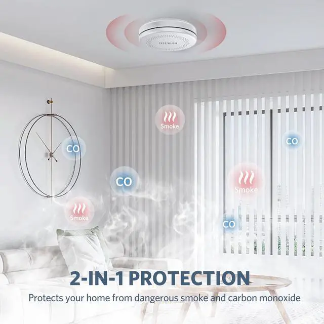 Alt view image 2 of 7 - 2 Pack Smoke and Carbon Monoxide Alarms, 10-Year Battery Smoke & CO Detector with Large Test/Silence Button, Easy Installation