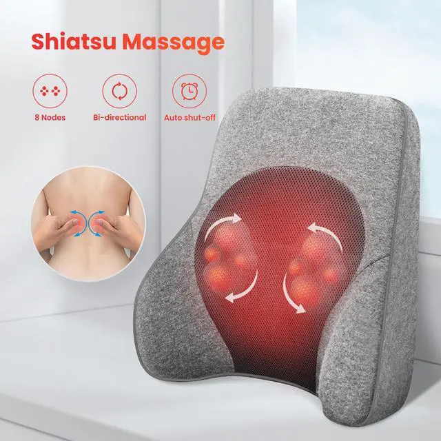 Alt view image 3 of 7 - Back Lumbar Support Pillow for Office,Car,Heated Back Support with 4 Shiatsu Massage Heads & Heating Function, Memory Foam Lumbar Pillow for Computer Gaming Chair-Gray