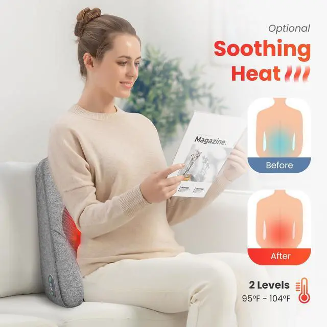 Alt view image 2 of 7 - Back Lumbar Support Pillow for Office,Car,Heated Back Support with 4 Shiatsu Massage Heads & Heating Function, Memory Foam Lumbar Pillow for Computer Gaming Chair-Gray