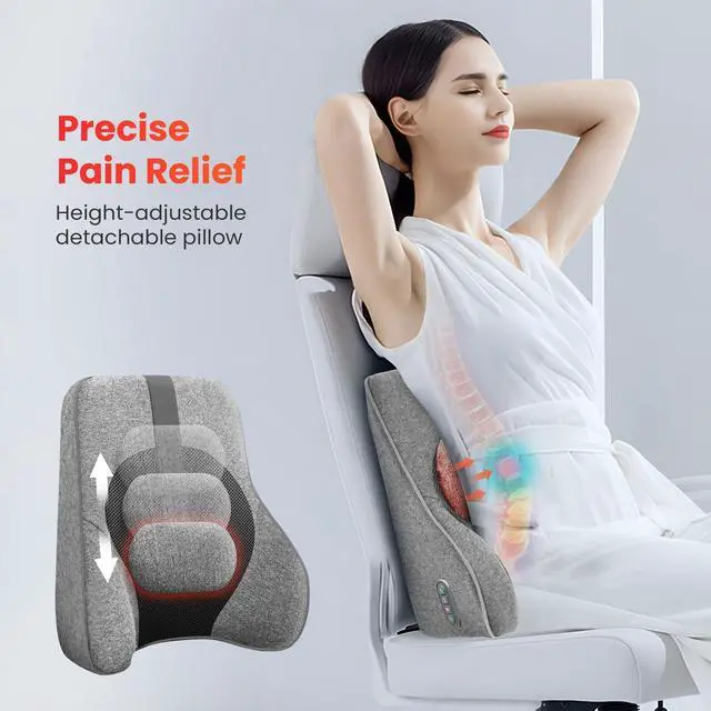 Alt view image 5 of 7 - Back Lumbar Support Pillow for Office,Car,Heated Back Support with 4 Shiatsu Massage Heads & Heating Function, Memory Foam Lumbar Pillow for Computer Gaming Chair-Gray