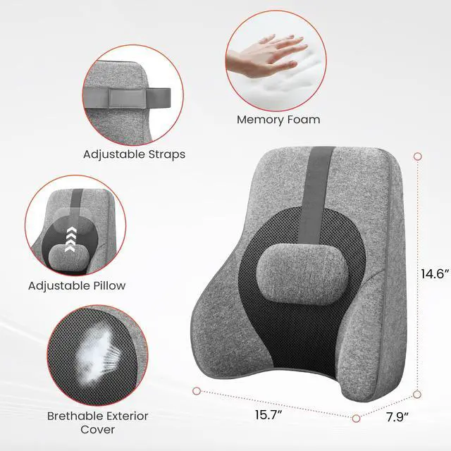 Alt view image 7 of 7 - Back Lumbar Support Pillow for Office,Car,Heated Back Support with 4 Shiatsu Massage Heads & Heating Function, Memory Foam Lumbar Pillow for Computer Gaming Chair-Gray
