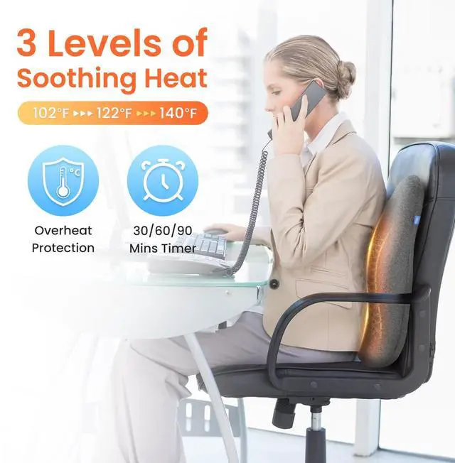 Alt view image 2 of 6 - Heated Lumbar Support Pillow for Office Chair, Ergonomic Back Support Cushion with Vibration, Memory Foam Chair Back Massager, Gifts for Mom/Dad