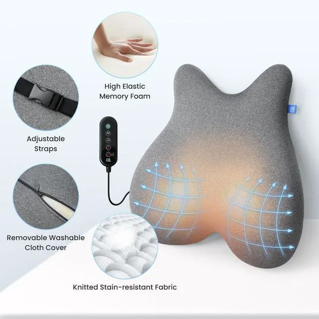 Alt view image 5 of 6 - Heated Lumbar Support Pillow for Office Chair, Ergonomic Back Support Cushion with Vibration, Memory Foam Chair Back Massager, Gifts for Mom/Dad