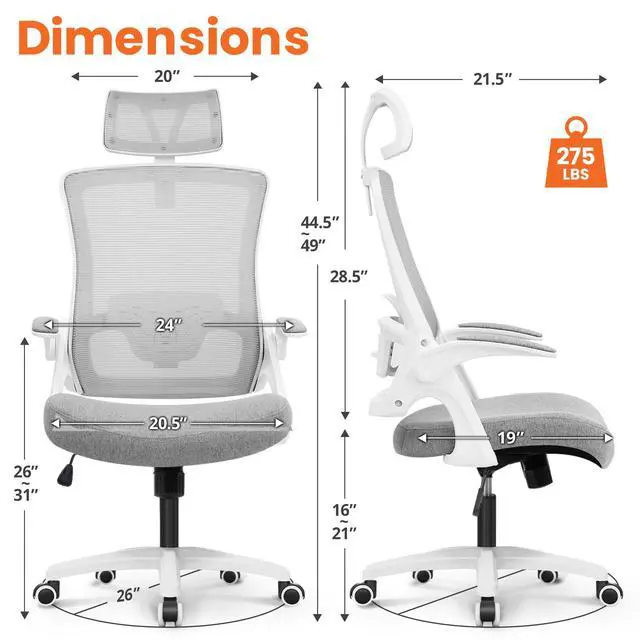 Alt view image 2 of 7 - Office Desk Chair Computer High Back Mesh Gaming Seat with Ergonomic Adjustable Comfy Flip-up Armrests Lumbar Support Height for Home (Headrest Grey)