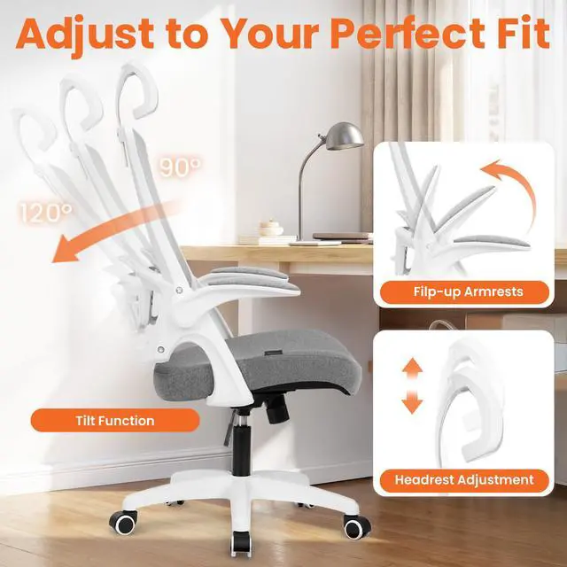 Alt view image 5 of 7 - Office Desk Chair Computer High Back Mesh Gaming Seat with Ergonomic Adjustable Comfy Flip-up Armrests Lumbar Support Height for Home (Headrest Grey)