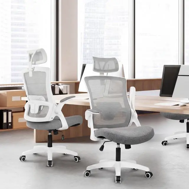 Alt view image 7 of 7 - Office Desk Chair Computer High Back Mesh Gaming Seat with Ergonomic Adjustable Comfy Flip-up Armrests Lumbar Support Height for Home (Headrest Grey)