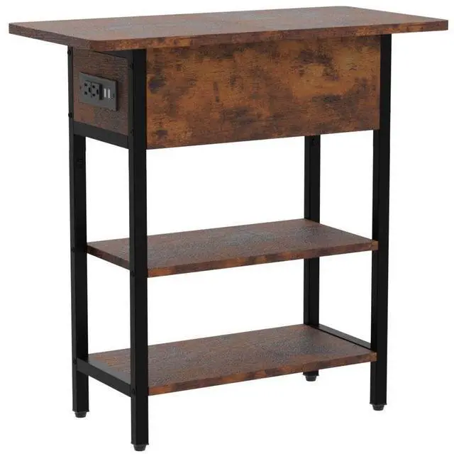 Alt view image 4 of 7 - End Table with Charging Station, Flip Top Side Table with USB Ports and Outlets, Sofa Couch Table Bedside Table for Living Room Bedroom, Narrow Nightstand with Storage Shelves for Small Space