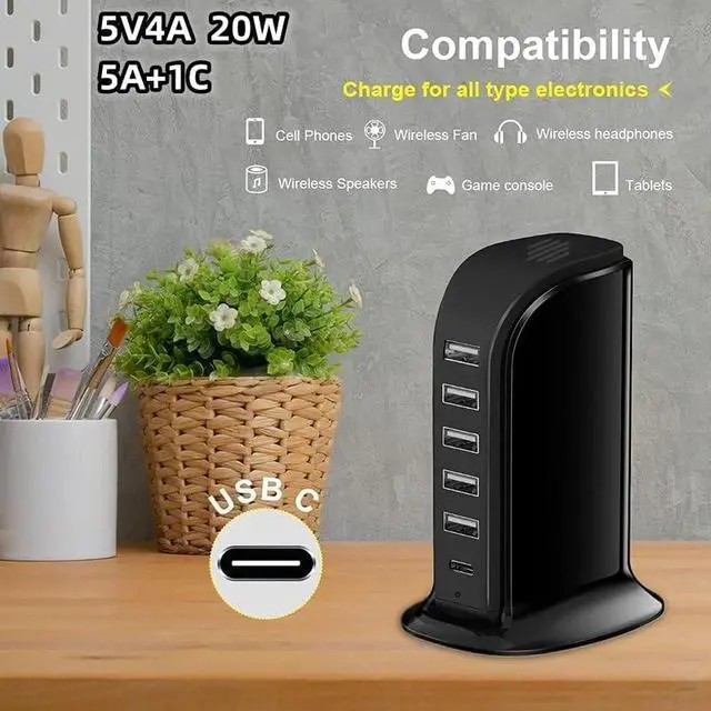 Alt view image 2 of 7 - 20W USB Charging Station with USB-C PD Fast Charging, Multiport Charger Tower for iPhone, Smartphones, Tablets & USB Devices, Black
