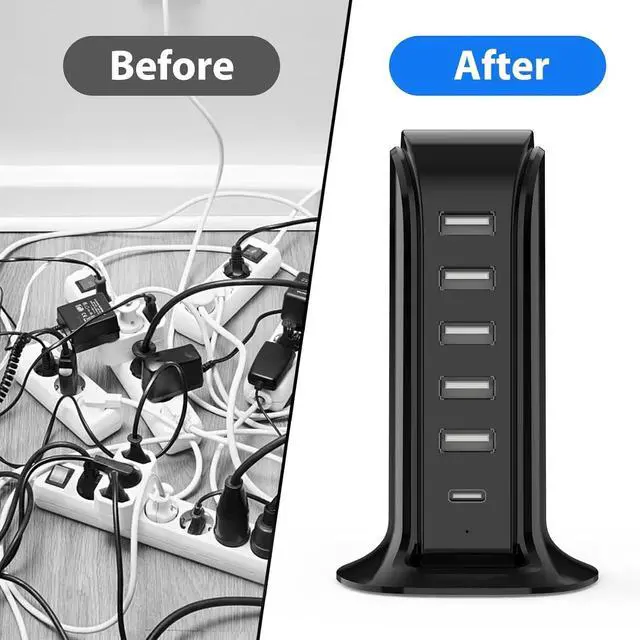 Alt view image 6 of 7 - 20W USB Charging Station with USB-C PD Fast Charging, Multiport Charger Tower for iPhone, Smartphones, Tablets & USB Devices, Black