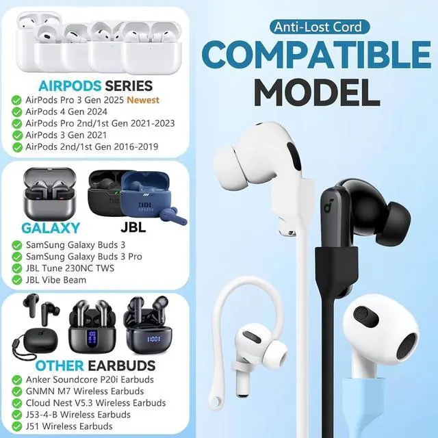 Alt view image 6 of 7 - Magnetic Anti-Lost Straps for AirPods, Colorful Soft Silicone Sports Lanyard, Ear Hooks and Neck Rope Cord for AirPod, Wireless Headphones Anti-Lost Rope 4-Pack (Black White Blue)
