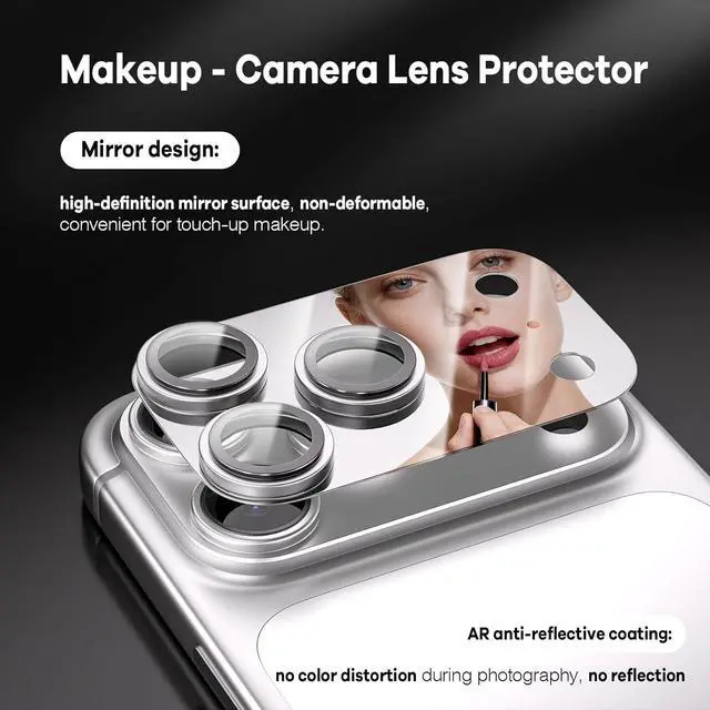 Alt view image 5 of 7 - Mirror Camera Lens Protector for iPhone 17 Pro Max, HD Camera Lens Cover with Makeup Mirror, Scratch-Resistant Camera Protector, Silver