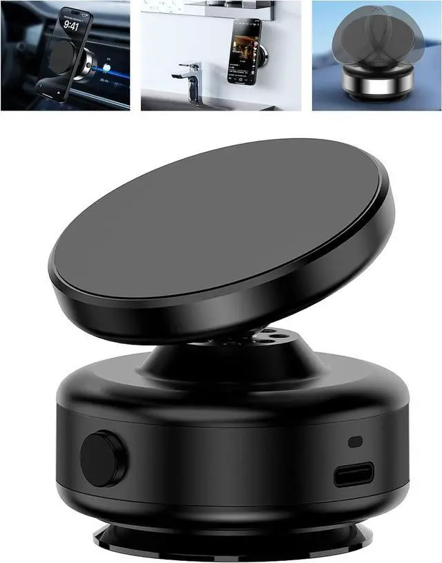 Main image of Electric Vacuum Suction Cup Magnetic Phone Mount, 360 Rotatable Magnetic Cell Phone Holder, Adjustable Hands-Free Portable for Magsafe iPhone Car Gym Mirror Smooth Surface(Black)