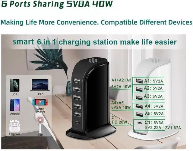 Alt view image 7 of 7 - USB Charging Station for Multiple Devices, 40W Multiport Charger Tower, USB-C Port Supports PD Quick Charge Compatible with iPhone, Smartphones, Tablets and Other Devices (Black)