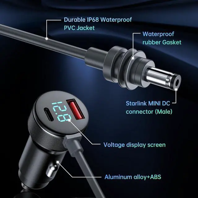 Alt view image 6 of 7 - 3-in-1 Starlink Mini Cable 10ft/3m, High Speed Charging USB C/USB A Ports, 12-48V Starlink mini car Charger to DC Cable Waterproof Accessory's