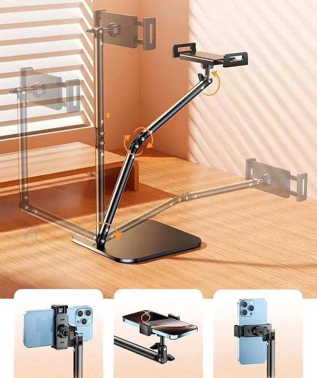 Alt view image 5 of 7 - Adjustable Overhead Articulating Arm Phone Stand for Desk, Black Metal